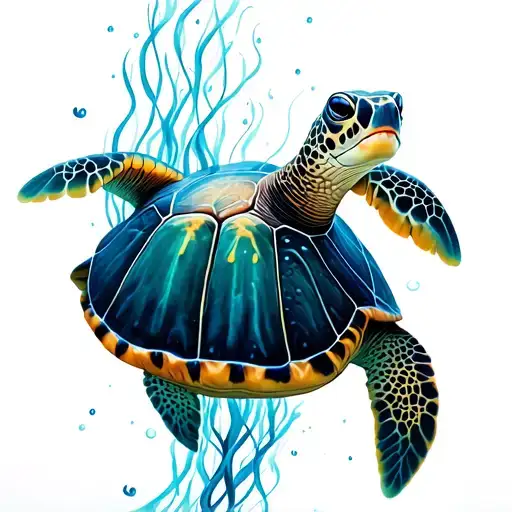 Underwater Scene With Sea Turtle And Jelly Fish