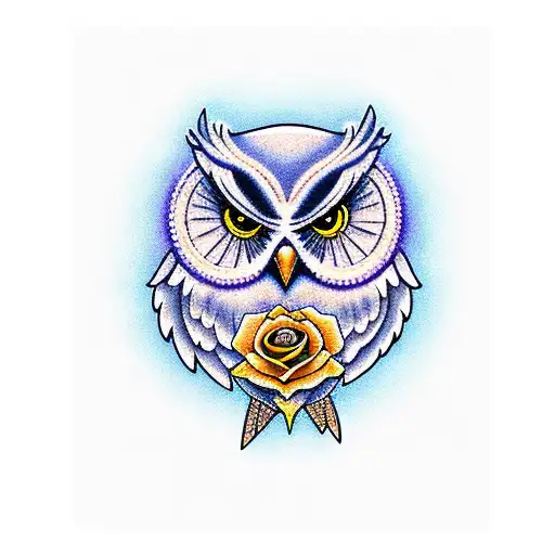 Owl With Lilac And Yellow Rose