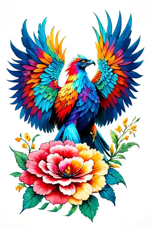 A Colorful Combination Of Flower Tattoos Featuring A Phoenix