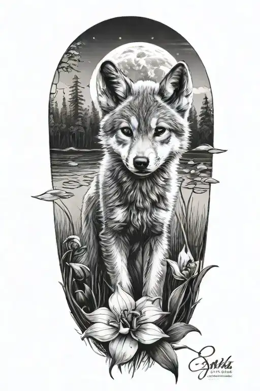 A Wolf Cub Standing Next To A Black Orchid In Front Of A Forest Lake