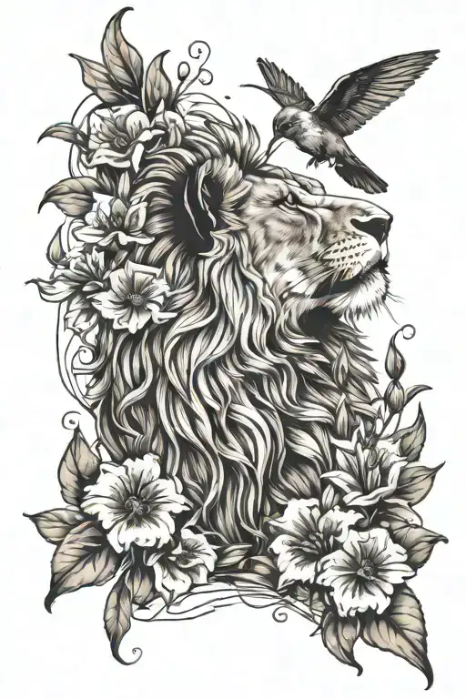 Outline Of A Lion Surrounded By Larkspur Flowers And A Hummingbird On One Of The Flowers