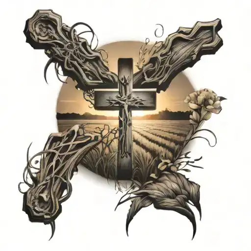 Cross In Field Durning Sunset