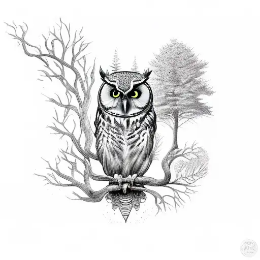 Mystical Forest With A Wise Owl Perched On A Tree Branch