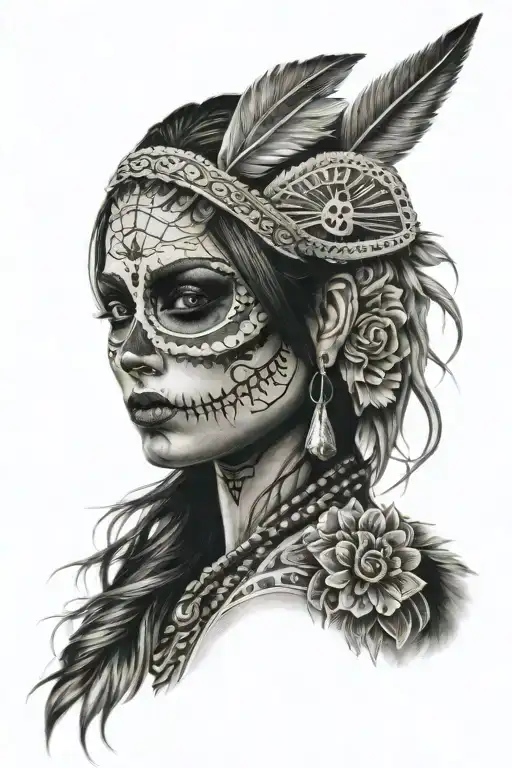 Womans Face Half Indian Half Day Of The Dead
