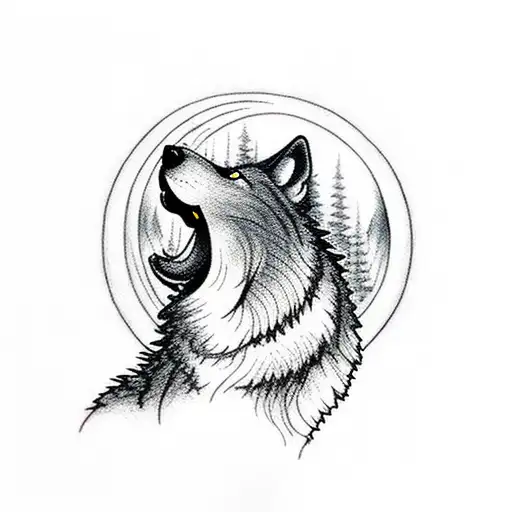A Wolf Howling At The Moon In A Forest Surrounded By Mountains
