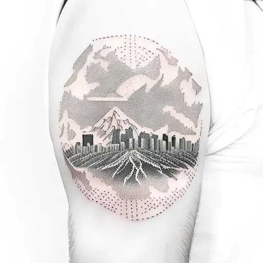 Pnw Forest Band Around Bicep With Dallas Skyline In Negative Space