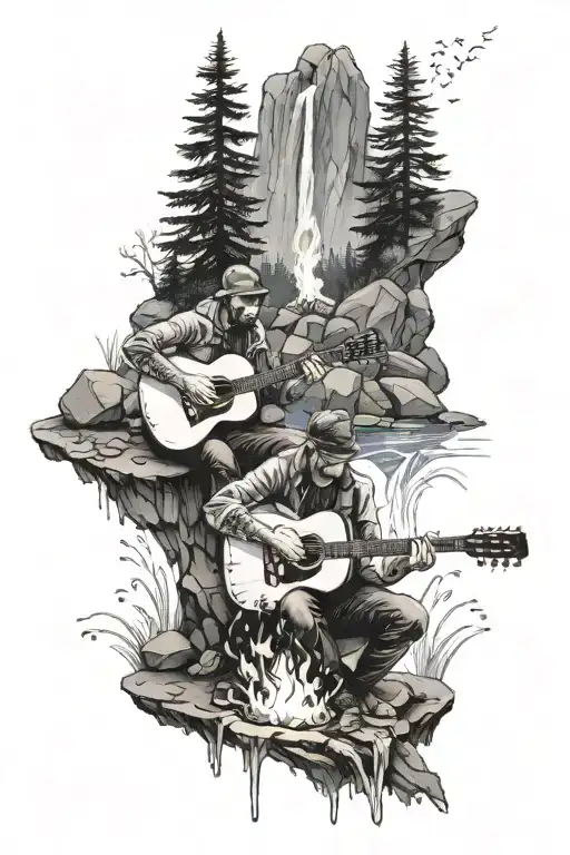 A Couple Playing Guitar And Smoking Around A Campfire Next To A Waterfall