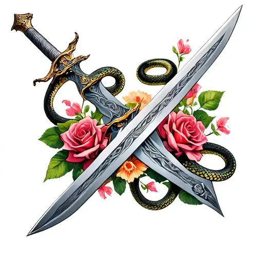 A Sword With A Snake Wrapping Around The Blade And Roses Blooming Around