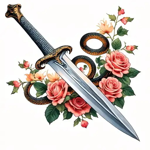 A Sword With A Snake Wrapping Around The Blade And Roses Blooming Around
