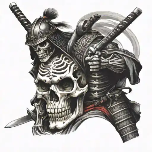 Samurai With Skull As Face And Big Sword Surrounded By Skeleton Arms Trying To Reach Him