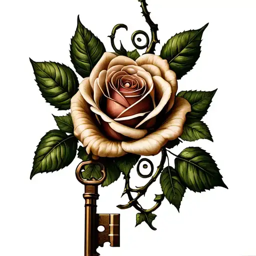 Key And Rose Intertwined Small Tattoo Vines Growing On Stem