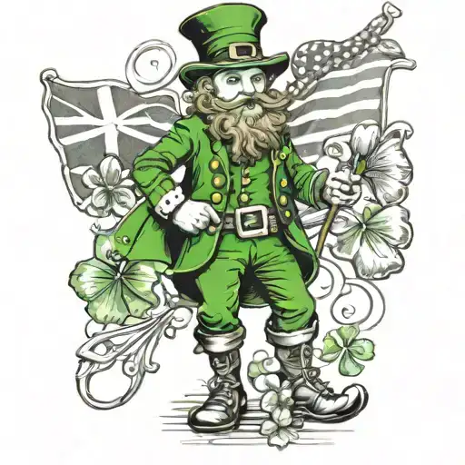 Leprechaun Holding Irish Flag And Four Leaf Clovers