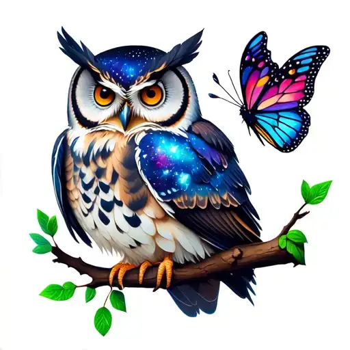 Galaxy Owl On A Branch With A Butterfly On Nose