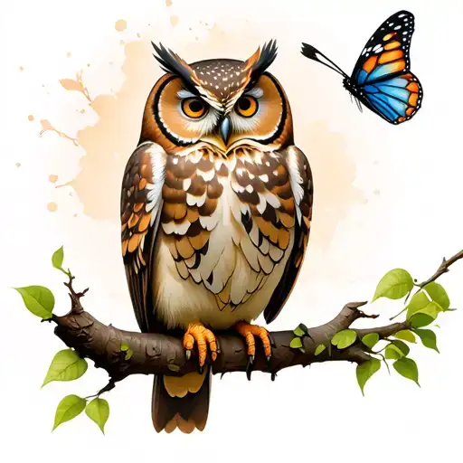 Splatteres Owl On A Branch With A Butterfly On Its Beak