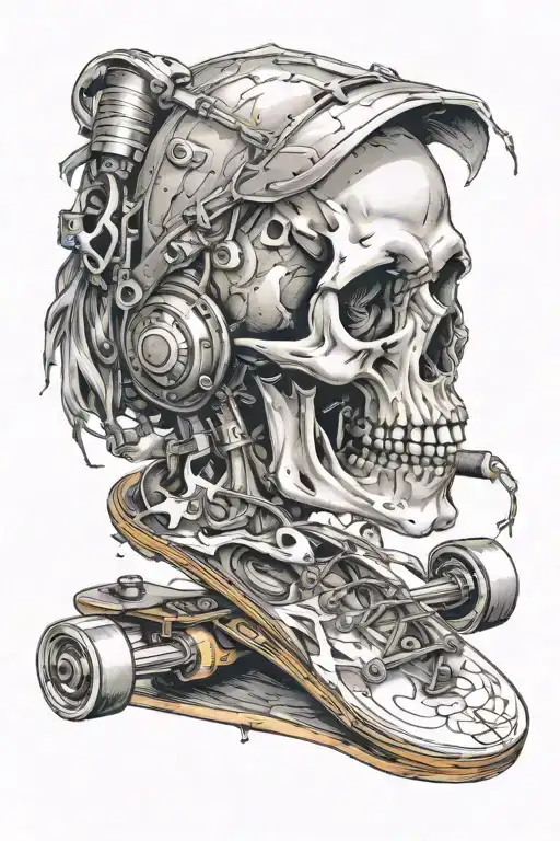 Broken Skateboard With Skull With Ear Gauges And Short Hair And Beard