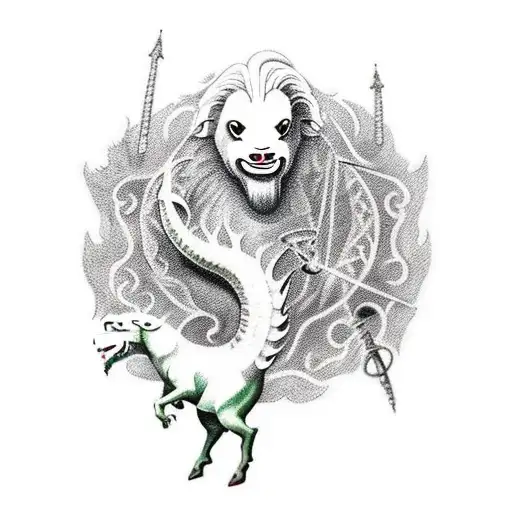 A Whimsical Tattoo Of Falkor From Never Ending Story Riding A Horse Through A Musical Forest