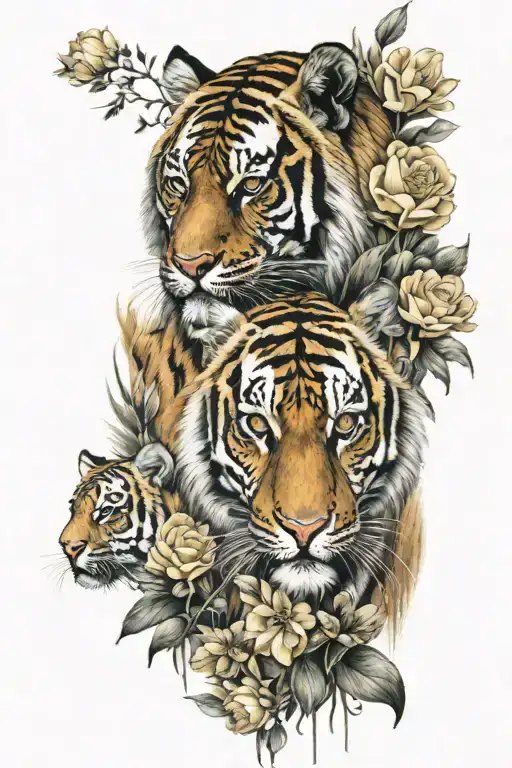 Tiger And 3 Cubs And Flowers