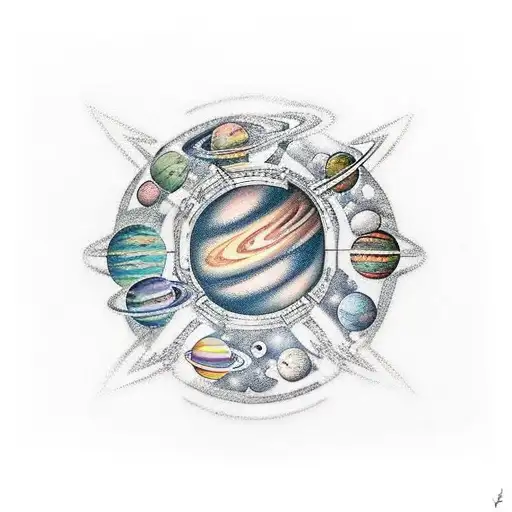 Space Sleeve With Planets And Stars With Small Dragons