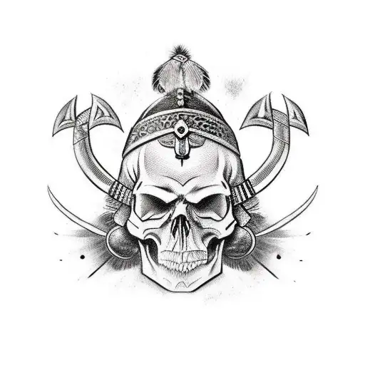 Skull With Viking Helmet And Indian Headdress