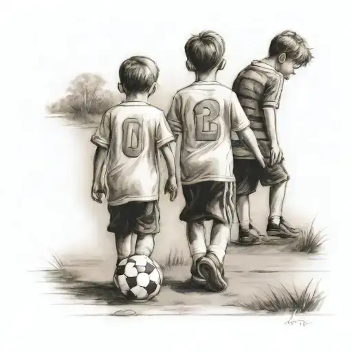Twin Boys Walking To A Soccer Field Realistic Tattoo Design Facing Away