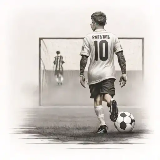 One Boy Walking To A Soccer Field Realistic Tattoo Design Facing Away 99 Written On Shirt