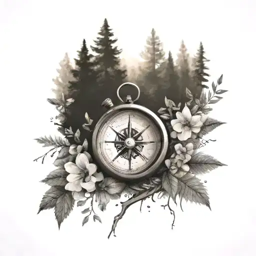 Forest With Compass And Flowers