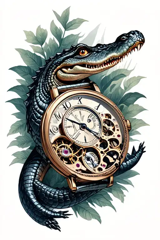 Crocodile Looking At Old Watch Mechanism Intertwined Black And Gray With Nature