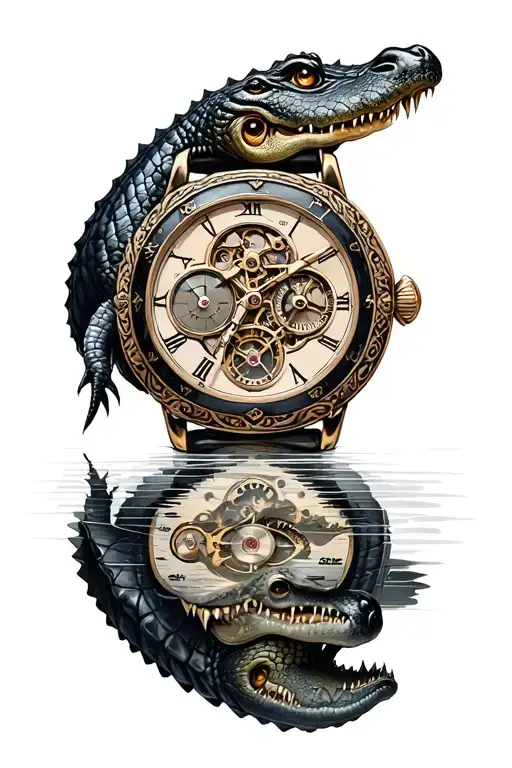 Crocodile Looking At Old Watch Mechanism Intertwined Black And Gray With Nature