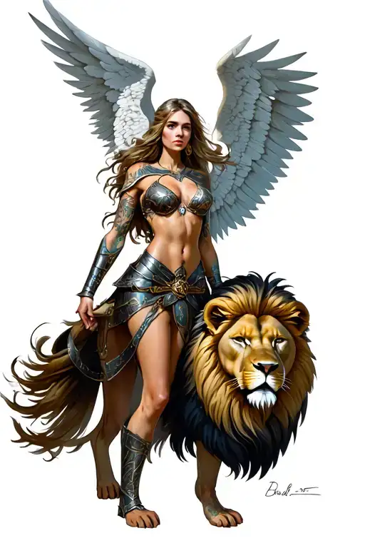 Female Warrior Angel With Lion