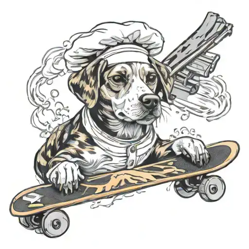 A Dog Wearing A Chef's Hat And Holding A Skateboard