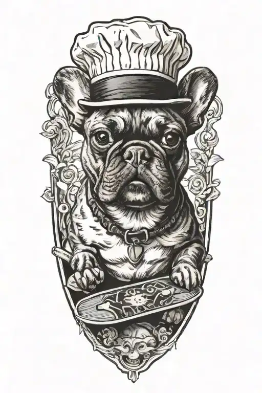 A French Bulldog Wearing A Chef's Hat And Holding A Skateboard
