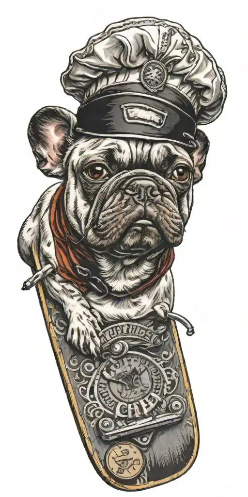 A French Bulldog Wearing A Chef's Hat And Holding A Skateboard