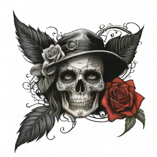 Skull With Roses And A White Gangster Girl