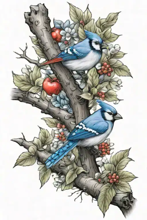 Apple Tree Branch With A Cardinal And Blue Jay Perched
