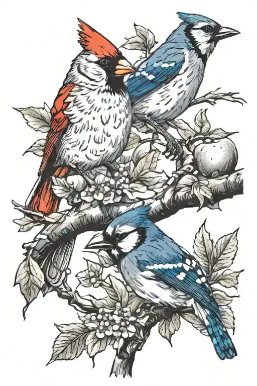 A Cardinal And A Blue Jay Perched On An Apple Tree Branch