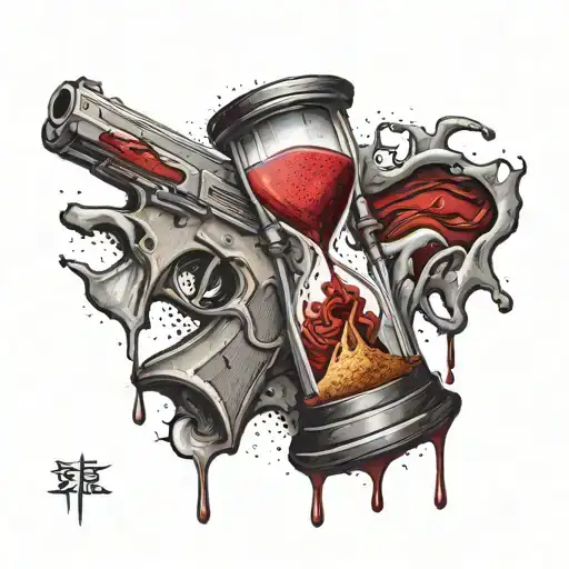 An Hourglass Cracked Pouring Sand On The Gun That Drips Blood