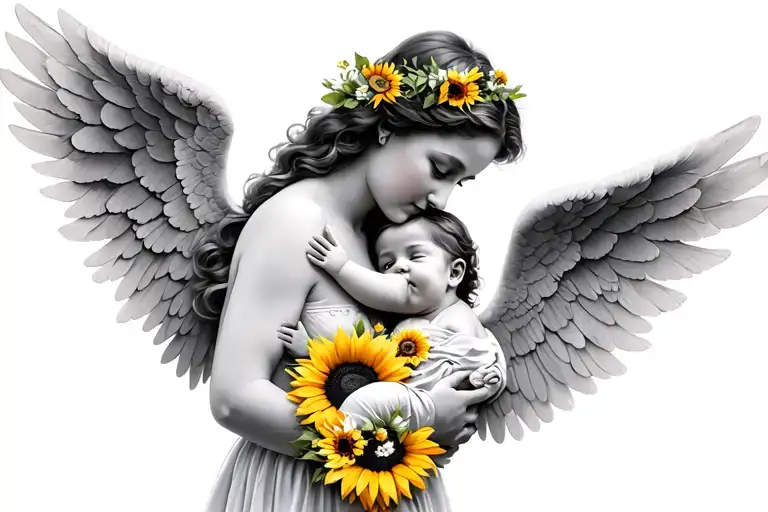 Mom Holding Angel Baby Wings Sunflowers