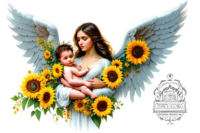 Mom Holding Angel Baby Wings Sunflowers