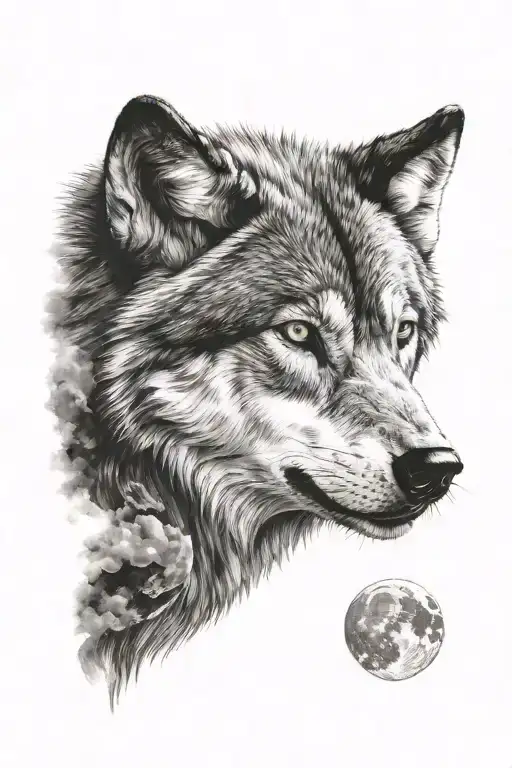 Wolf Head With Could Under Of It And Moon At The Top
