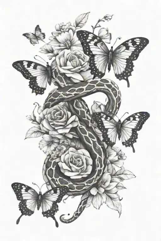 Snake Wrapped In Semicolon And Flowers With Butterflies