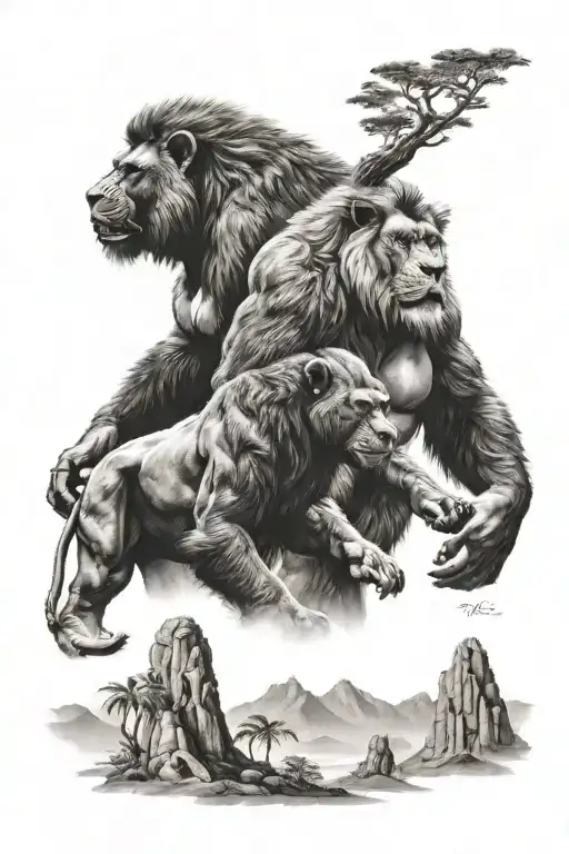 A Lion And Gorilla Standing Together In A Mountain Landscape