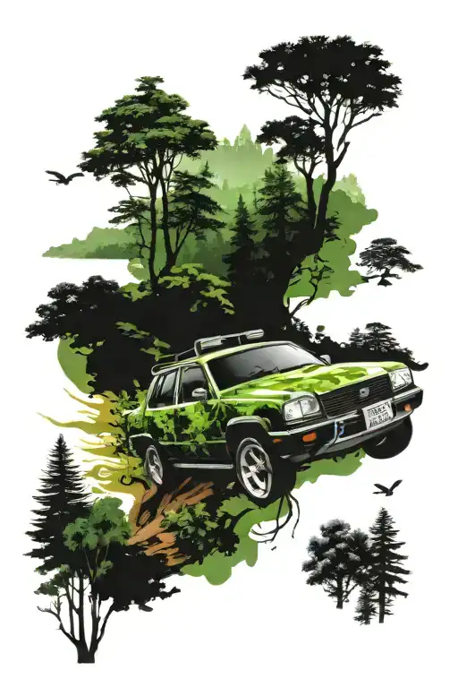 A Reggae-inspired Car Speeding Through A Forest With Hiking Trails