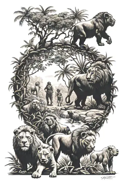 A Teacher Leading A Group Of Lions And Gorillas On A Hike Through A Jungle