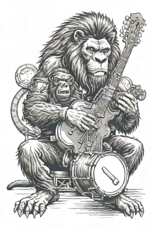 A Lion And Gorilla Playing Musical Instruments In A Reggae Concert Setting