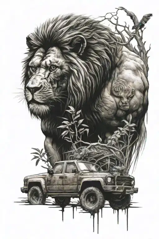 A Car Transformed Into A Lion And Gorilla Hybrid Creature Roaming Through The Wilderness