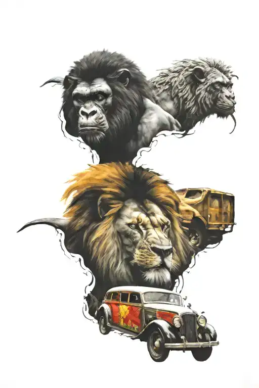 A Reggae-themed Lion And Gorilla Mural On The Side Of A Vintage Car