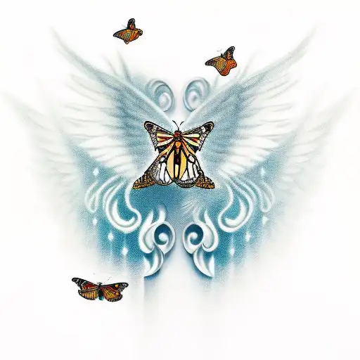 Violin With Angel Wings Surrounded By Monarch Butterflies