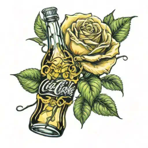Vintage Coca-cola Red Label Glass Bottle Floating And Single Stem Yellow Rose Intertwined