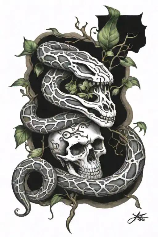 Snake Skeleton Entwined With Vines Wrapped Loosely