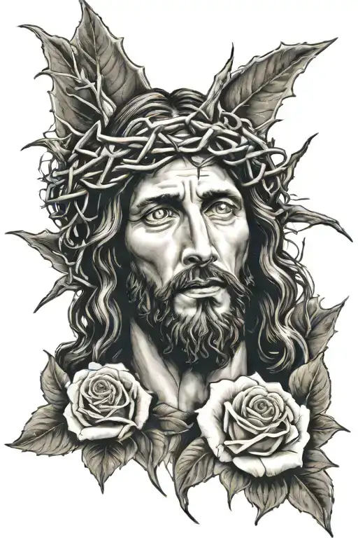 Jesus With Crown Of Thorns And A Rose At The Bottom